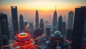 A high-tech cityscape at dusk, bathed in a warm, neon glow. In the foreground, a cluster of futuristic, interconnected structures represent the core components of artificial intelligence, machine learning, NLP, and deep learning. Intricate circuitry and undulating data streams flow between them, illuminating the complex interdependencies. In the middle ground, towering skyscrapers with sleek, angular facades symbolize the computational power and scalability of these technologies. The background is a hazy, dreamlike skyline, hinting at the boundless potential and endless possibilities of this rapidly evolving field. The overall scene conveys a sense of innovation, progress, and the seamless integration of human and machine intelligence. A high-tech cityscape at dusk, bathed in a warm, neon glow. In the foreground, a cluster of futuristic, interconnected structures represent the core components of artificial intelligence, machine learning, NLP, and deep learning. Intricate circuitry and undulating data streams flow between them, illuminating the complex interdependencies. In the middle ground, towering skyscrapers with sleek, angular facades symbolize the computational power and scalability of these technologies. The background is a hazy, dreamlike skyline, hinting at the boundless potential and endless possibilities of this rapidly evolving field. The overall scene conveys a sense of innovation, progress, and the seamless integration of human and machine intelligence.
